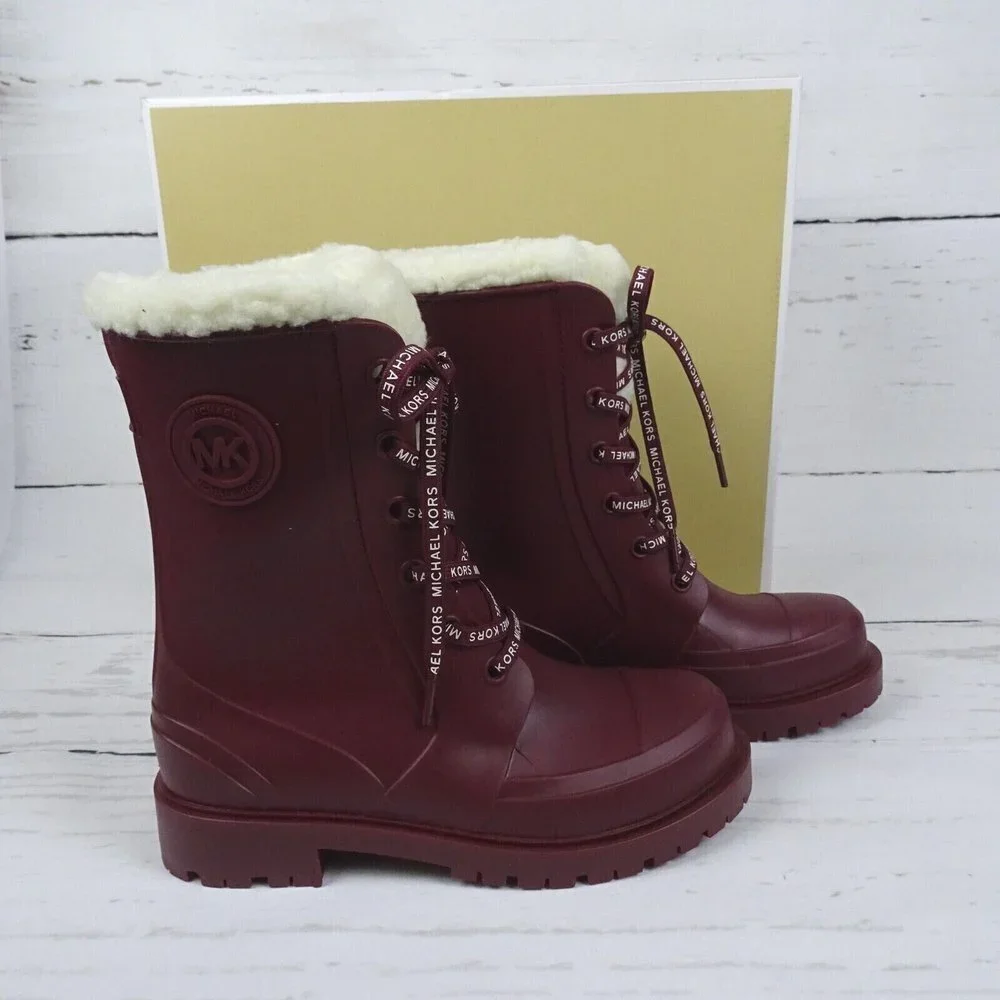 MICHAEL Michael Kors Women's Montaigne Rain Boots Faux Fur Logo Dark Berry New 6
